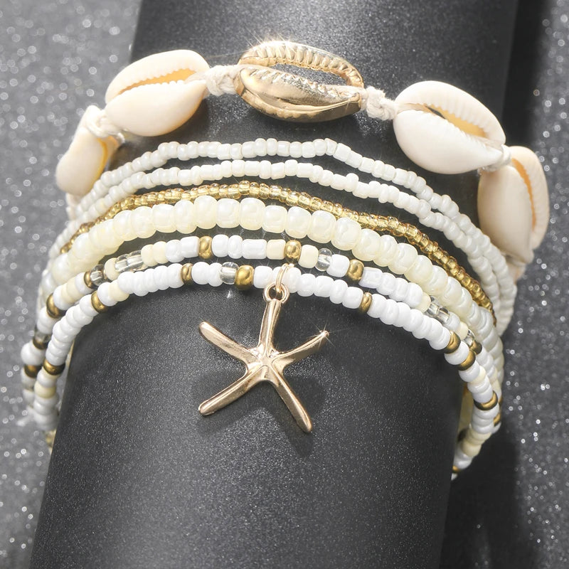 Boho Rice Beads Starfish Pendant Anklet Set