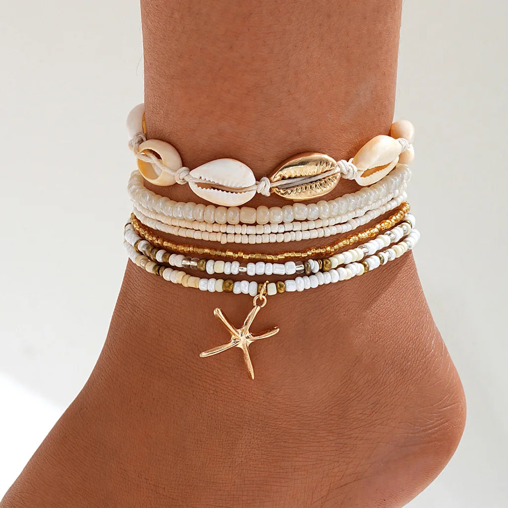 Boho Rice Beads Starfish Pendant Anklet Set