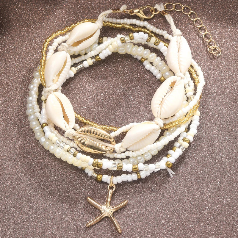 Boho Rice Beads Starfish Pendant Anklet Set