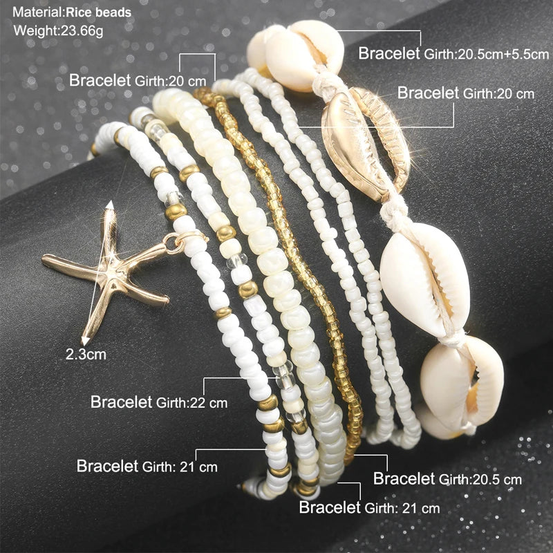 Boho Rice Beads Starfish Pendant Anklet Set